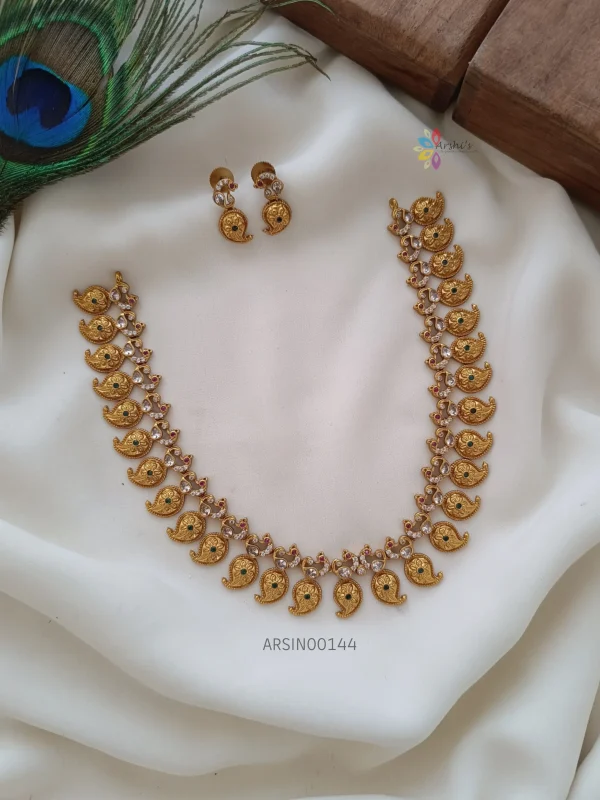 Beautiful mango peacock design AD necklace