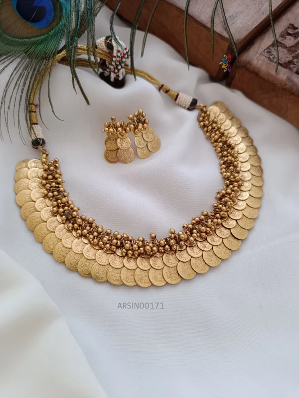 Traditional lakshmi coin gold bead necklace