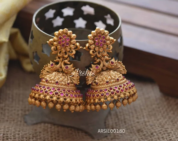 Peacock Design Matte Ruby Jhumka