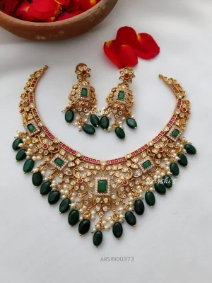 AD Multi Stone Necklace With Green Beads
