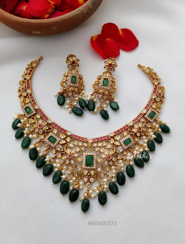AD Multi Stone Necklace With Green Beads