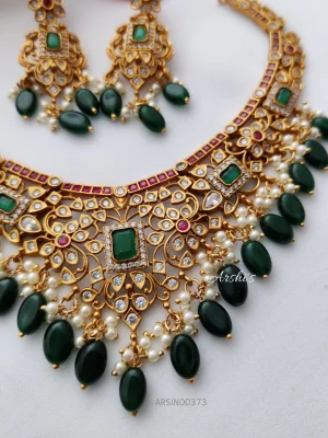 AD Multi Stone Necklace With Green Beads