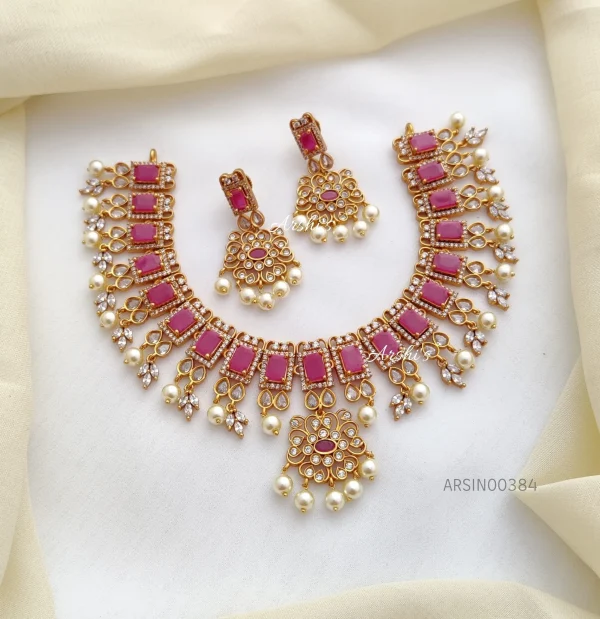 AD Ruby Stone With Pearls Necklace