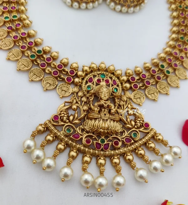 Traditional Temple Lakshmi Red And Green Necklace