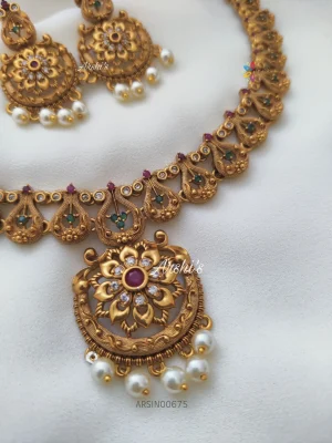 Simple Ruby And Green Flower Design Necklace
