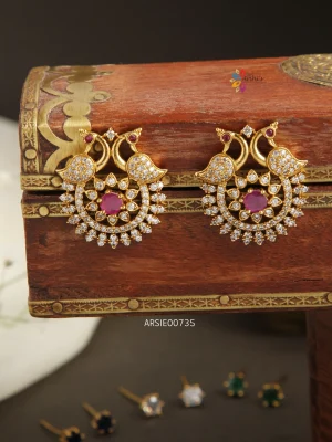 Dual Peacock Red and White AD Stone Ear Studs