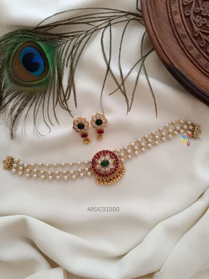 Three Layer Pearl with Stone Pendant Choker