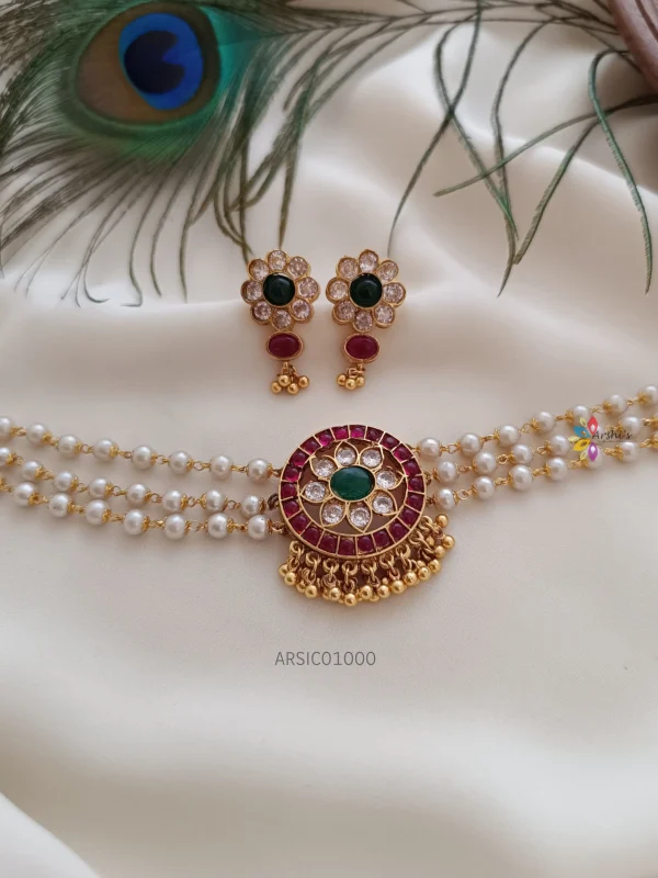 Three Layer Pearl with Stone Pendant Choker