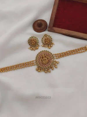 Three Layer Gold Ball Lakshmi Pendant Choker,