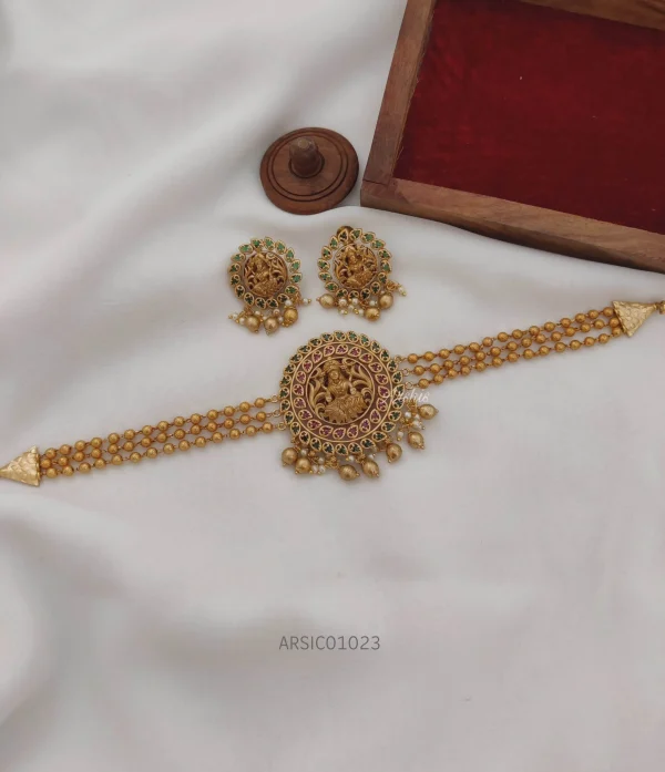 Three Layer Gold Ball Lakshmi Pendant Choker,