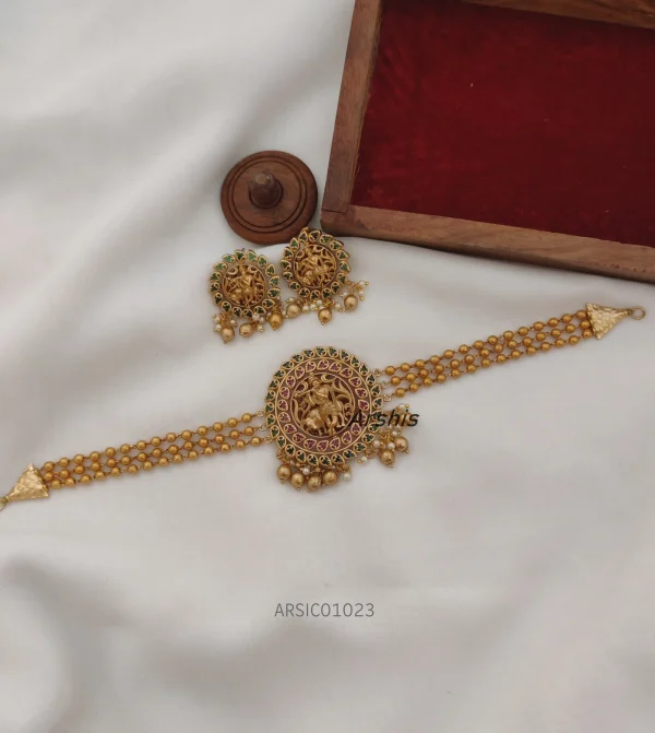 Three Layer Gold Ball Lakshmi Pendant Choker,