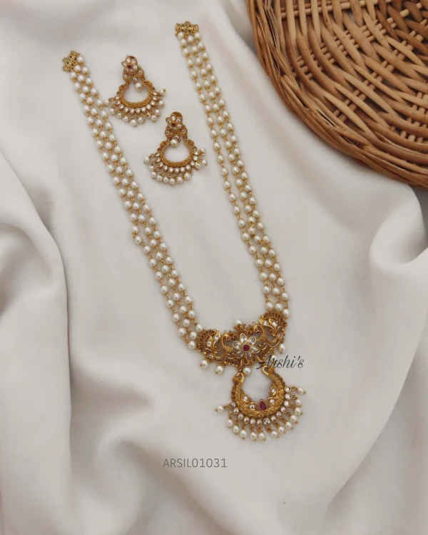 Three Layer Pearl with Chandbali Pendant Haram