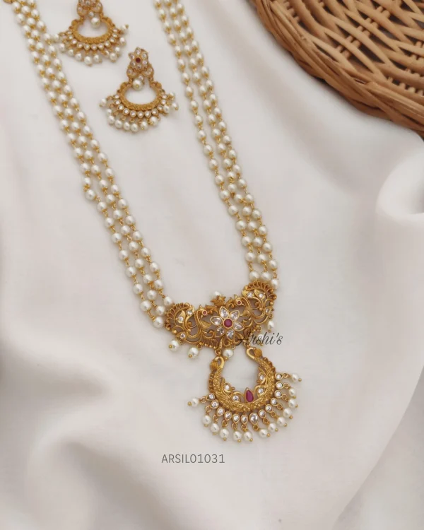 Three Layer Pearl with Chandbali Pendant Haram