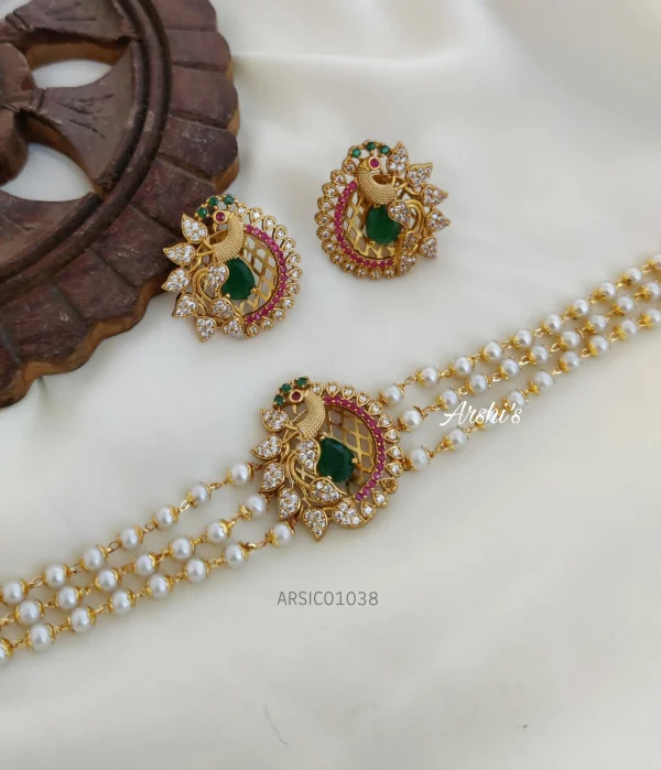 Three Layer Pearl Peacock choker