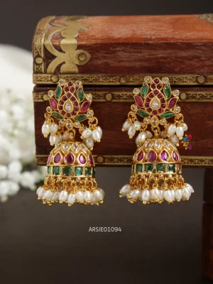 Pure Kemp Stone with Rice Pearl Jhumka