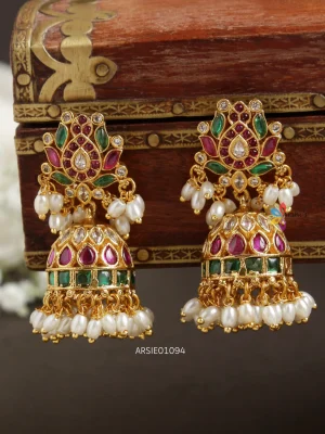 Pure Kemp Stone with Rice Pearl Jhumka