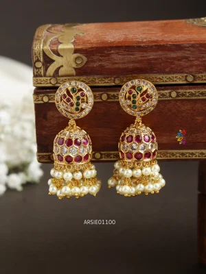 Peacock Design Two Line Pearl Drop Jhumka