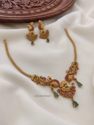 Trendy Peacock with Red and Green Stone Necklace