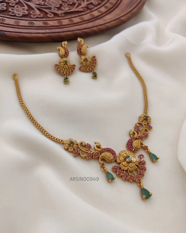 Trendy Peacock with Red and Green Stone Necklace