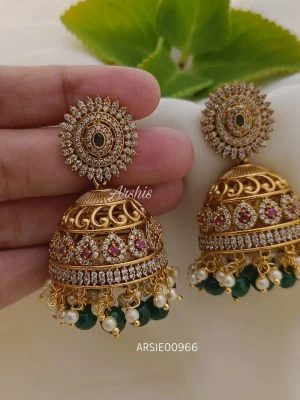 AD Stone with Green Bead and Pearl Jhumka