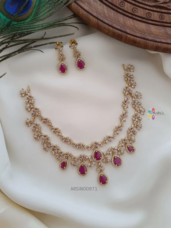 Diamond Alike Pink Stone Two Layer Necklace