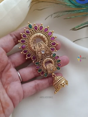 Red and Green Stone Jhumka Hangging Jadabilla