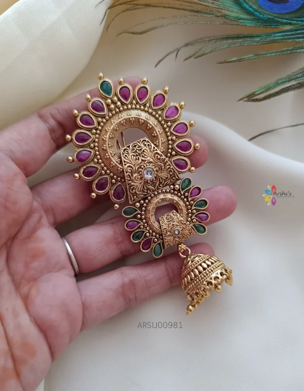 Red and Green Stone Jhumka Hangging Jadabilla
