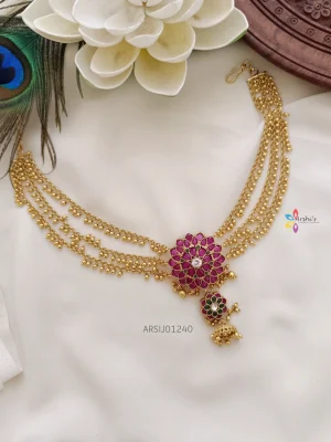 Flower Kemp Stone Hair Brooch with Gold Bead Chain
