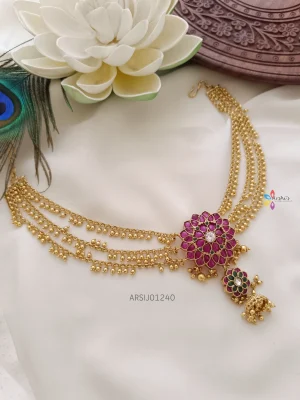 Flower Kemp Stone Hair Brooch with Gold Bead Chain