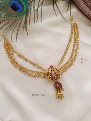 Temple and Peacock Hair Brooch with Gold Bead Chain