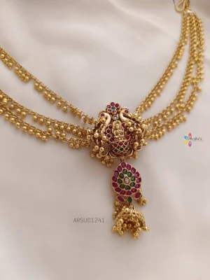Temple and Peacock Hair Brooch with Gold Bead Chain