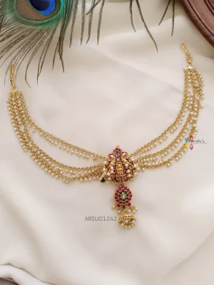 Temple and Peacock Hair Brooch with Pearl Chain