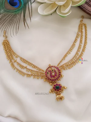 Peacock Kemp Stone Hair Brooch with Gold Bead Chain