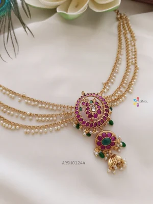 Peacock Kemp Stone Hair Brooch with Pearl Chain
