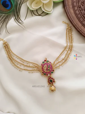 Peacock Stone Hair Brooch with Pearl Chain