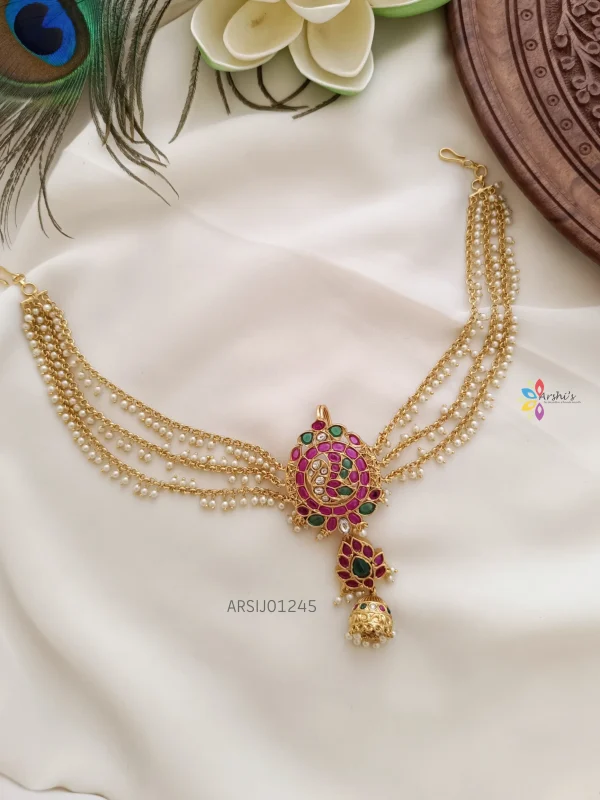 Peacock Stone Hair Brooch with Pearl Chain