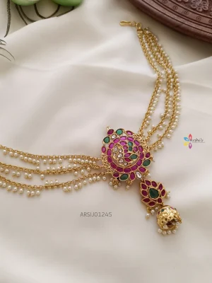 Peacock Stone Hair Brooch with Pearl Chain