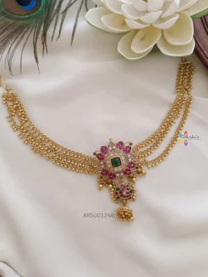 Leaf Design Stone Hair Brooch with Gold Bead Chain