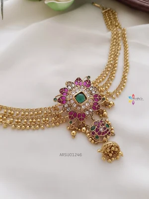 Leaf Design Stone Hair Brooch with Gold Bead Chain