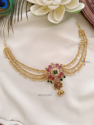 Leaf Design Stone Hair Brooch with Pearl Chain