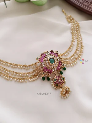 Leaf Design Stone Hair Brooch with Pearl Chain