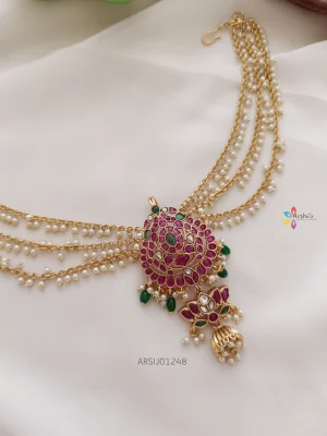 Dual Peacock Kemp Hair Brooch with Pearl Chain