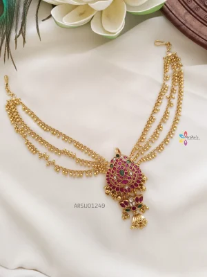 Dual Peacock Kemp Hair Brooch with Gold Bead Chain