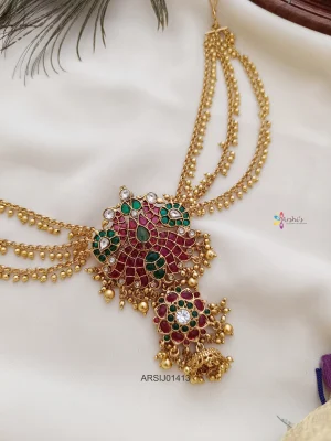 Peacock Kemp Hair Brooch with Gold Bead Chain